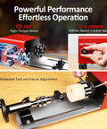 Mini wood lathe WM101A-Plus on a benchtop; red motor housing, metal bed.