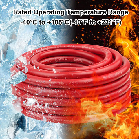 Beefy 1/0 AWG Battery Cable 5ft Red And 5ft Black Heavy Duty Welding Cable, Flexible Stranded Oxygen-Free Copper Wire For Automotive, Inverter, Solar, Marine, Generator, 600V, High Conductivity. red cable coil with temperature range text