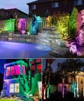 Garden enhanced by 12W RGB Low Voltage Landscape Lights With RF Remote, showcasing color-changing effects on trees and structures.