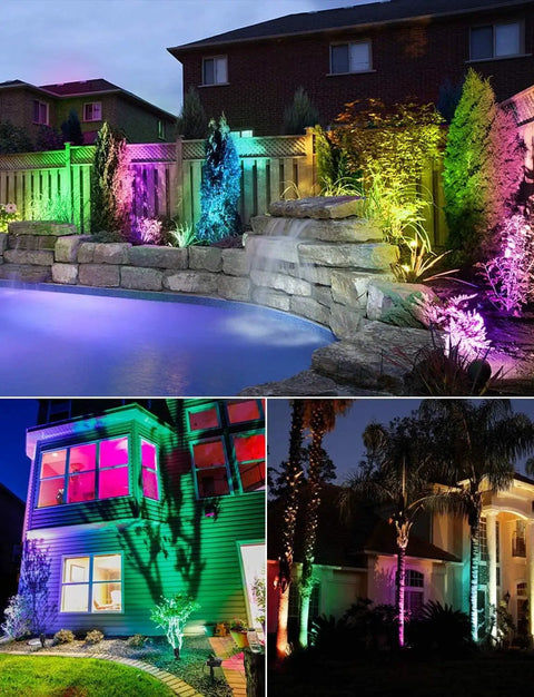 Garden enhanced by 12W RGB Low Voltage Landscape Lights With RF Remote, showcasing color-changing effects on trees and structures.