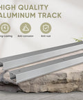 Close-up of aluminum tracks from Double Pocket Door Track Kit With 10 Ft Rails, 2 Sets Of 56.7 Inch Spliced Rails For Double Doors From 48 To 60 Inches Wide And Single Panel 24 To 30 Inches, Concealed Sliding System For Hidden Wall Mount, Quiet Smooth Operation And Easy Installation.