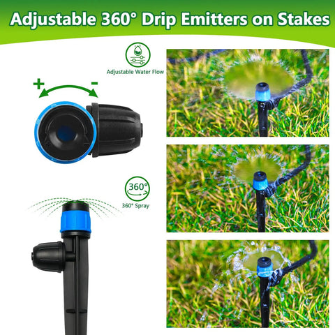 20 Pack Adjustable 360 Degree Drip Irrigation Emitters With 5 Inch Stakes For Quarter Inch Tubing, Vortex Fan Shape Drippers