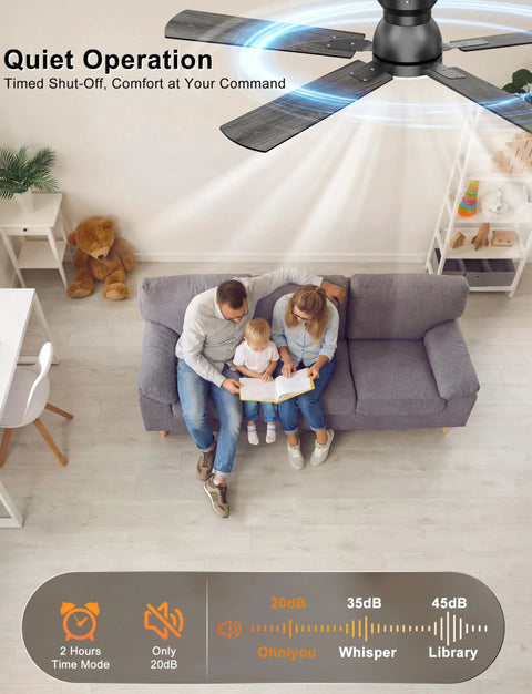 No Fuss 52 Inch Low Profile Ceiling Fan With Lights Featuring Slick App And Remote Control For Fast Cooling And Bright Ambient Glow In Matte Black Finish, family relaxing with book beneath fan.
