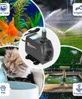 Killer 800 GPH Submersible Water Pump With Adjustable Flow Ultra Quiet Fountain Pump in various applications, from fish tank to fountain.
