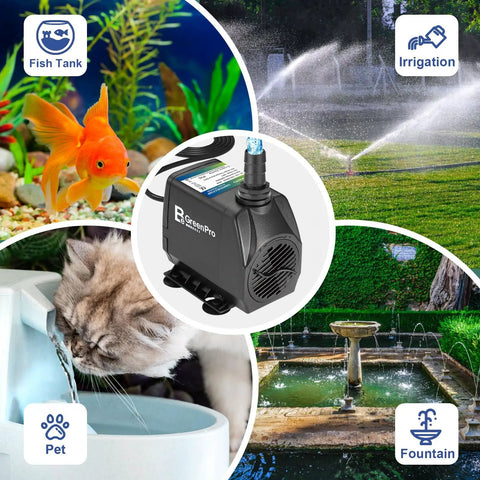 Killer 800 GPH Submersible Water Pump With Adjustable Flow Ultra Quiet Fountain Pump in various applications, from fish tank to fountain.
