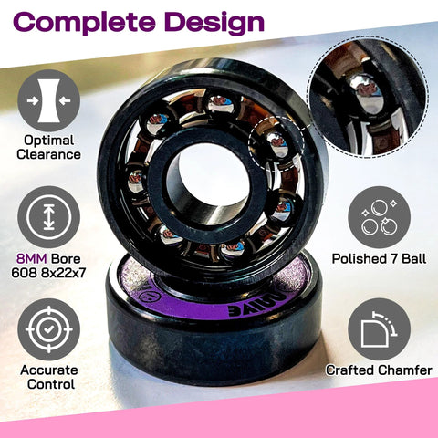 Close-up of neon purple 608 skate bearings, 8mm bore, 16-pack for inline/quad skates