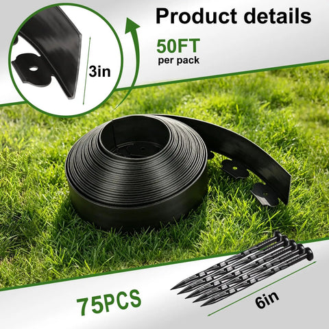 3 Inch Garden Edging Border Kit With 50 Feet Of Plastic Edging And 75 Spikes for Easy Landscape Trimming on grass