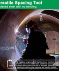 Worker using Two Pack 7 Stepped Pipe Spacer Wedge Gauge Three Quarter Inch By Four Inch For Pipe Spacing And Welding Stepped Flange Wedge.