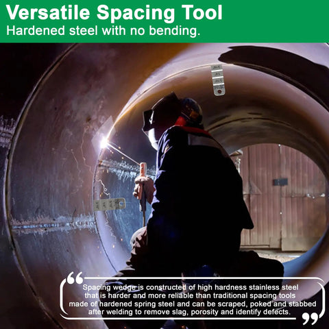 Worker using Two Pack 7 Stepped Pipe Spacer Wedge Gauge Three Quarter Inch By Four Inch For Pipe Spacing And Welding Stepped Flange Wedge.