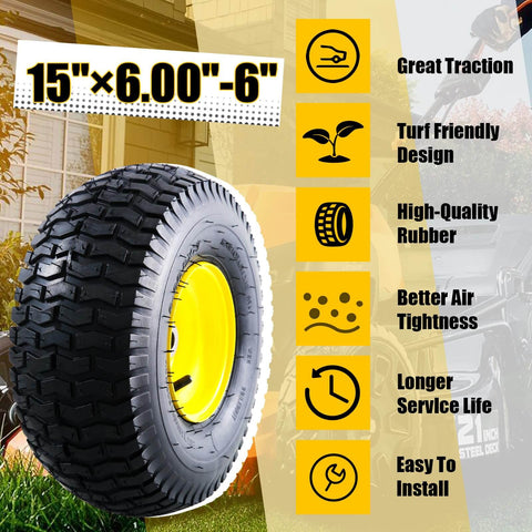 15x6.00-6 Tubeless Lawn Mower Tire And Wheel Assembly Front Replacement For John Deere And Other Riding Mowers Four Ply Pneumatic