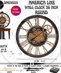 36 Inch Oversized Wall Clock With Real Moving Gears Vintage Industrial Decor Rustic Farmhouse Accent Piece Black Wood Bronze Finish.