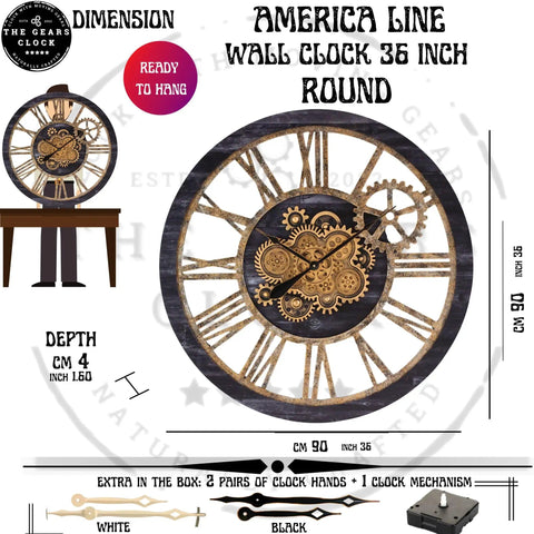 36 Inch Oversized Wall Clock With Real Moving Gears Vintage Industrial Decor Rustic Farmhouse Accent Piece Black Wood Bronze Finish.