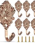 Built Tough Six Pack Vintage Curtain Tieback Hooks With Real Sharp Carved Rose Design Heavy Duty Cast Iron Wall Hooks For Coats Towels Keys Ready To Hang Gold Finish, detailed rose hooks with screws.