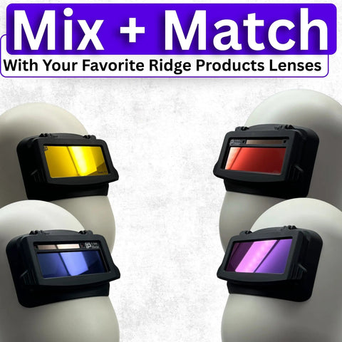 Four welding helmets with colored lenses for Flip Up Sugar Scoop Welding Hood 1.0 With Built In Flip Up Retainer For Standard 2x4 Welding Helmet.