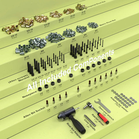 Rivet Nut Drill Adapter Kit With Dual Drive Modes Drill And Ratchet, 270 Nuts And 36 Mandrels Included, component overview