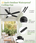 52 Inch Outdoor Ceiling Fan With Light And Remote IP65 Wet Rated Waterproof 6 Speed DC Motor on porch ceiling with remote