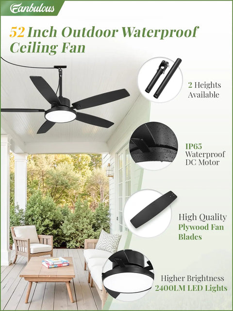 52 Inch Outdoor Ceiling Fan With Light And Remote IP65 Wet Rated Waterproof 6 Speed DC Motor on porch ceiling with remote