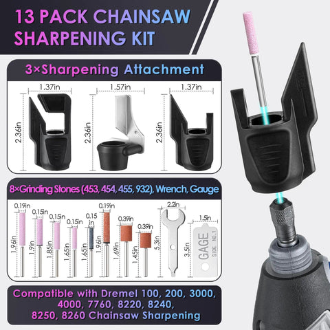 Image of 13 Piece Chainsaw Sharpening Kit With Dremel A67902 Attachments For Chainsaws Mowers And DIY Projects This All In One Sharpening Set Keeps Your Tools Sharp On The Job Or On The Go At Home, showing attachments and stones.