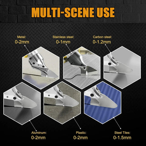 Cordless Metal Shear Sheet Cutter With 360 Degree Pivoting Head cutting various materials at different thicknesses