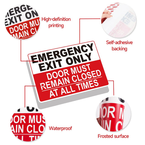 Image showing Emergency Exit Sticker Self Adhesive Red Sign That Grabs Attention with details on adhesive, frosted surface, and printing.