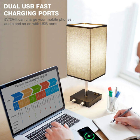 Black Nightstand Lamps 2 Pack with Touch Dimming AC Outlet and Dual USB Ports Fabric Shade Bedside Lamps on desk