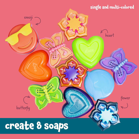 Soap And Bath Bomb Making Kit For Kids 3 In 1 Spa Science Lab Craft Set soap molds in emoji, butterfly, heart shapes