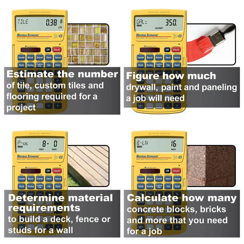 Material Estimator Calculator For DIYers And Pros That Converts Feet Inches Fractions Yards And Meters And Delivers Instant Building Material Cost Estimates For Contractors Tradesmen Handymen And Construction Professionals showcasing functions for tile, drywall, decks, and concrete calculations.