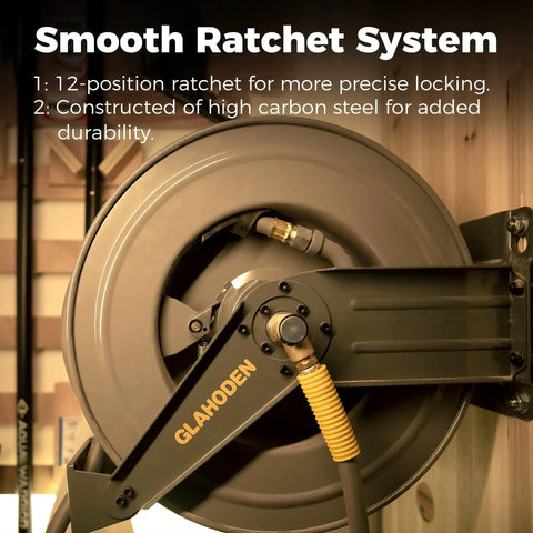 Heavy Duty Double Arm Retractable Air Hose Reel 50 Foot Reach features a smooth ratchet system with high carbon steel for durability.