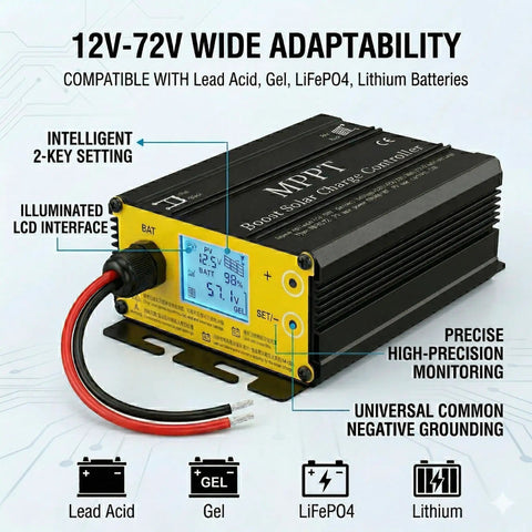 Beefy 600W MPPT Solar Charge Controller with LCD for 24V to 72V batteries, showing wide adaptability and precise monitoring features.