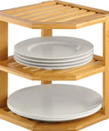 Total Kitchen Game Changer, Super Handy Bamboo Corner Shelf, 3 Tier Plate Rack with stacked white plates.