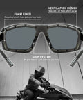 Close up of Badass Z87 Rated Photochromic Motorcycle Safety Glasses With Shatterproof Lens And Matte Black Shell, featuring foam liner and grip system.