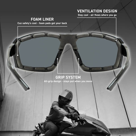 Close up of Badass Z87 Rated Photochromic Motorcycle Safety Glasses With Shatterproof Lens And Matte Black Shell, featuring foam liner and grip system.