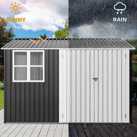 10 By 10 Ft Outdoor Metal Storage Shed With Windows Waterproof Build Lockable Doors And Sloped Roof in Gray and White