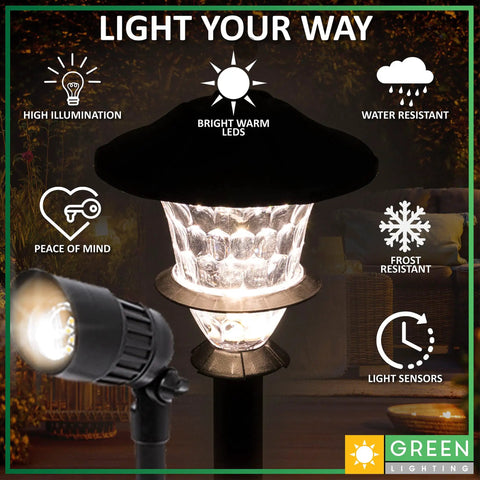Low Voltage LED Landscape Lighting Kit 8 Pack With 6 Stake Lights And 2 Flood Spotlights Plus Transformer For Outdoor Pathways Garden Yard And Deck Lighting In Black Finish That Looks Lit, featuring a close-up of one illuminated stake light and a spotlight with icons for high illumination, frost resistance, water resistance, and light sensors.