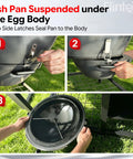 Kickass 22 Inch Steel Kamado Charcoal Grill And Egg Smoker With Cart. Ash pan under egg body, showing side latches for mounting.