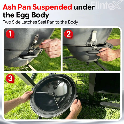 Kickass 22 Inch Steel Kamado Charcoal Grill And Egg Smoker With Cart. Ash pan under egg body, showing side latches for mounting.
