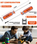 9 Piece Model Tools Kit For Car Model Building And Repairing with PH0 75mm screwdriver and child using tools on toy car.