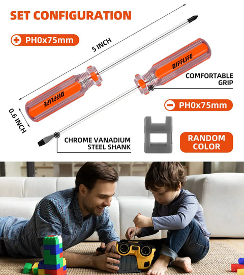 9 Piece Model Tools Kit For Car Model Building And Repairing with PH0 75mm screwdriver and child using tools on toy car.