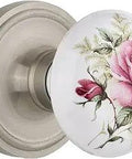 Old School Classic Rosette With Rose Porcelain Door Knob And Mortise Lock Set In Satin Nickel Backset Two And A Quarter Inches