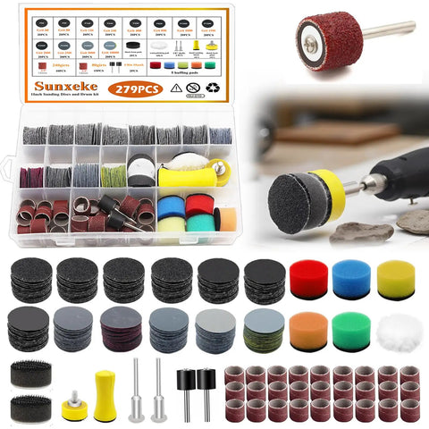 Pro Grade 1 Inch Sanding Discs And Drum Kit For Dremel Tools 279 PC Wet Dry Hook And Loop Sandpaper Set Displayed with Accessories