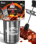 All In One BBQ Basting Brush And Sauce Cup Set For Grilling, spill proof brush beside a steak with sauce, packaging in background