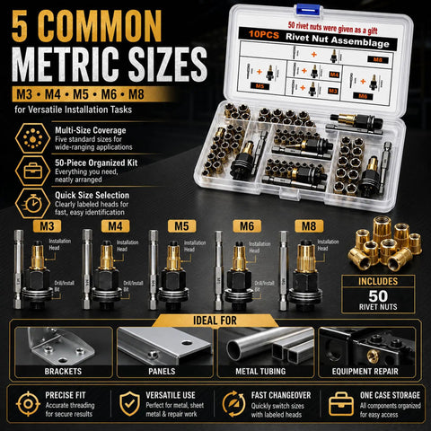 Heavy Duty Carbon Steel Rivet Nut Tool Set M3 To M8 Fits Thin Sheet Metal Tubing With Setter Creates Threaded Inserts Fast In Compact Case Good For Mechanics And DIY Guys Wanting Real Heavy Duty Gear For Any Job Site On The Go. 50-piece kit with M3-M8 rivet nuts in case