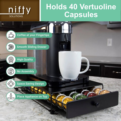 Vertuoline Rolling Coffee Pod Drawer Satin Black, 40 Pod Holder, Ultra Compact Under Coffee Maker Storage Organizer in kitchen
