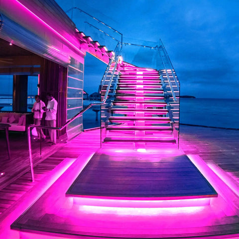 Outdoor staircase illuminated with pink Neon LED Rope Lights 10ft With Remote App Control IP65 Waterproof Flexible Strip 12V RGB Neon Lights