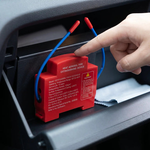 Automatic Aerosol Fire Extinguisher For Car Truck Van And RV With Self Activating Heat Trigger and No Drama Peel And Stick Mount closely viewed in vehicle