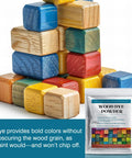 Premium Wood Stain Powder Kit For Indoor And Outdoor Furniture Deck Crafting Projects Fast Drying Wood Dye Mix With Bold Colors laid out with colorful wooden blocks.