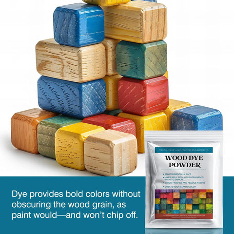 Premium Wood Stain Powder Kit For Indoor And Outdoor Furniture Deck Crafting Projects Fast Drying Wood Dye Mix With Bold Colors laid out with colorful wooden blocks.