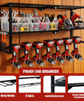 Power Tool Organizer Wall Mount With 3 Level Drill Rack And Charging Station, includes adjustable hooks and eight drill holders.
