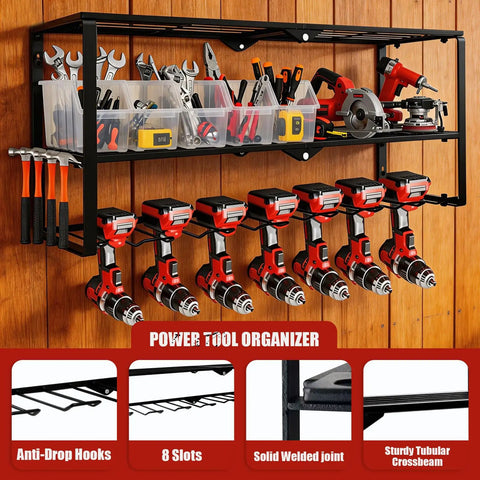 Power Tool Organizer Wall Mount With 3 Level Drill Rack And Charging Station, includes adjustable hooks and eight drill holders.