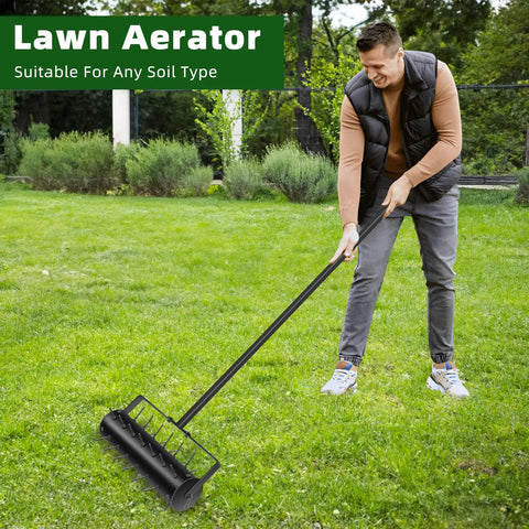 Person using Manual 18 Inch Lawn Aerator Tool With 55 Inch Stainless Steel Handle Rolling Lawn Aerator For Garden And Patio Back Saver Ergonomic Design With Padded T Bar And Handle Cover For Easy Soil Aeration on grass